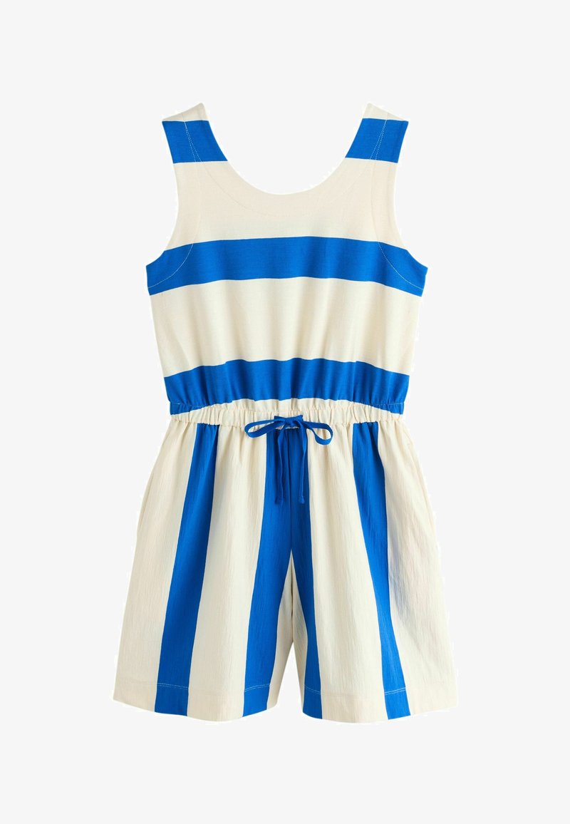 Combinaison sans manches avec larges rayures horizontales bleues et blanches sur le haut et rayures verticales sur le short, avec une taille à cordon bleu.