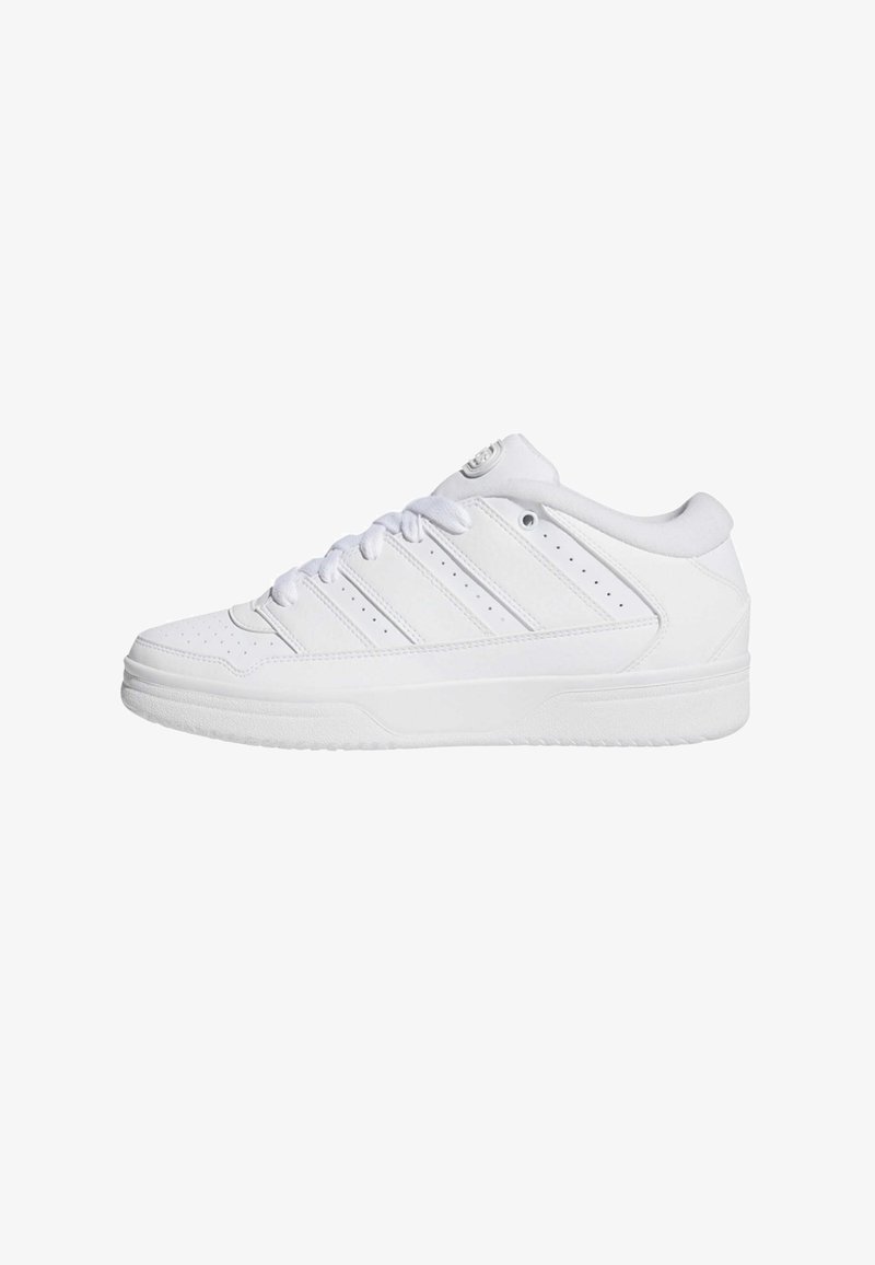 White athletic shoe with smooth leather upper, six eyelets, three stripes design, padded collar, and textured rubber sole.
