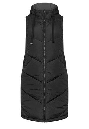 Gilet en duvet noir avec capuche, doté d'une fermeture éclair sur le devant, d'un motif en chevrons et de cordons de serrage. Tissu lisse et brillant avec une finition douce.