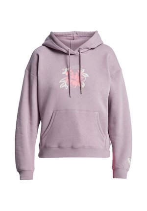Paarse hoodie met een voorzak, een trekkoordcapuchon en een bloemig ontwerp met blaadjesaccenten. Gemaakt van zachte stof.
