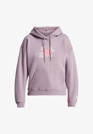 Paarse hoodie met een voorzak, een trekkoordcapuchon en een bloemig ontwerp met blaadjesaccenten. Gemaakt van zachte stof.