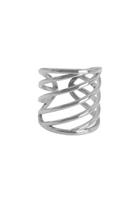 Zilveren metalen ring met een spiraalontwerp, met open ruimtes en gladde krommingen. Het oppervlak is gepolijst en weerspiegelt licht.