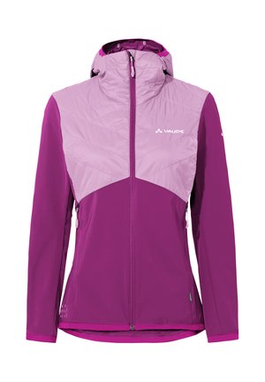 Giacca con cappuccio da donna in viola e lavanda con cerniera anteriore, tasche laterali con cerniera e logo Vaude sul petto.