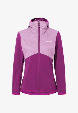 Giacca con cappuccio da donna in viola e lavanda con cerniera anteriore, tasche laterali con cerniera e logo Vaude sul petto.