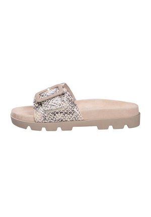 Beige slide sandal with textured snake pattern strap and large buckle, cushioned sole, and grooved rubber outsole.