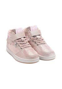 Sneaker alte glitterate rosa con una finitura testurizzata, chiusura con lacci, cinturino in velcro, linguetta in mesh e dettaglio a forma di mela.