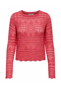 Gehaakte koraalrode trui met lange mouwen, ronde hals, gegolfde zoom en een gestructureerd patroon met open en gesloten delen.