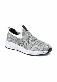 Zapatilla slip-on con parte superior de punto texturizado en gris y blanco, que presenta una lengüeta elástica negra y una suela blanca moteada.