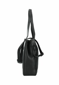 Bolso tote de cuero negro con una forma estructurada, que cuenta con dos asas y un cierre de cremallera. Exterior texturizado con un acabado suave.