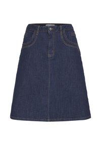 Jeanskjol i mörkblått med en åtsittande midja, knappstängning fram, två fickor och kontrastsömmar längs sömmarna och fållen.