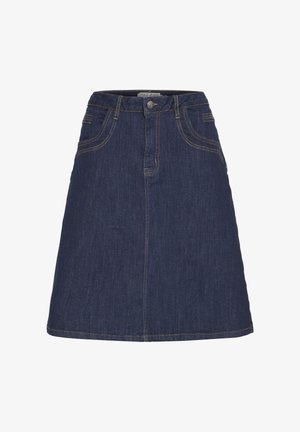 Traper suknja u tamnoplavoj boji s uskim strukom, prednjim zatvaranjem na dugmad, dva džepa i kontrastnim šavovima duž šavova i rubova.