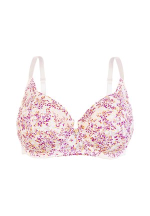 Soutien-gorge à motif floral avec coques rembourrées, bretelles blanches et un petit accent décoratif doré au centre. Présente une texture en dentelle.