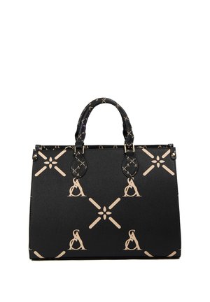 Borsa tote in pelle nera con motivo geometrico beige e lettera A, due manici corti e forma rettangolare strutturata.