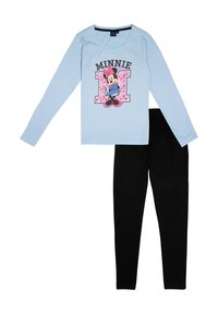 Camicia a maniche lunghe azzurro chiaro con grafica di un personaggio e la scritta "MINNIE", abbinata a leggings neri con vita elasticizzata.