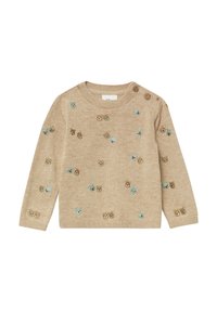 Lichtbeige trui gemaakt van zachte gebreide stof. Heeft verschillende geborduurde dierengezichten in bruin en blauw. Voorzien van knopen op de schouders voor gemakkelijk aan- en uitrekken.