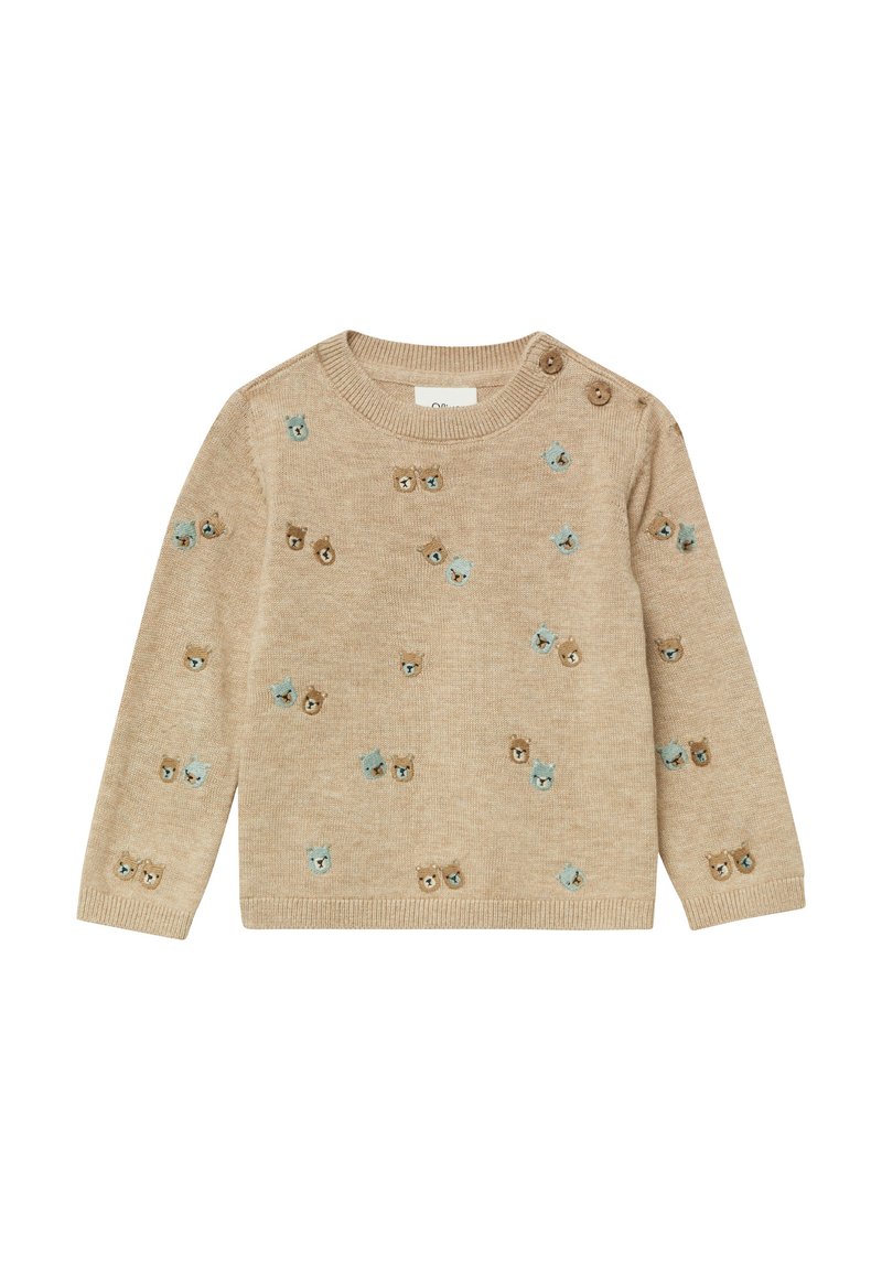 Lichtbeige trui gemaakt van zachte gebreide stof. Heeft verschillende geborduurde dierengezichten in bruin en blauw. Voorzien van knopen op de schouders voor gemakkelijk aan- en uitrekken.