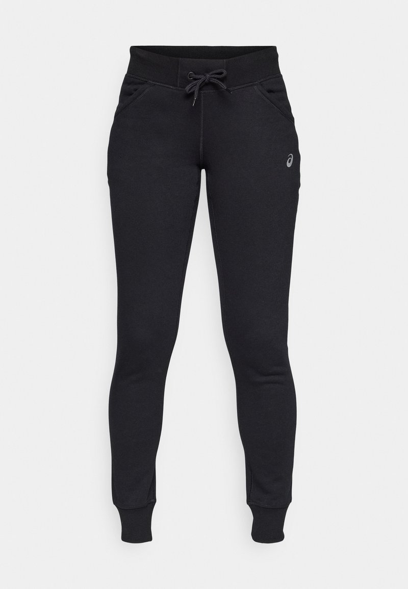 Czarne slim-fit jogger pants z elastycznym paskiem w talii, bocznymi kieszeniami, żeberkowymi mankietami na kostkach oraz małym logo na górnej lewej udzie.