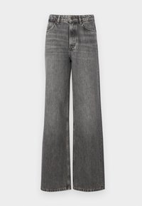 Blugi cu croi larg din denim negru estompat. Prezintă o talie înaltă, cinci buzunare și cusături în contrast. Textură netedă cu un aspect ușor uzat.