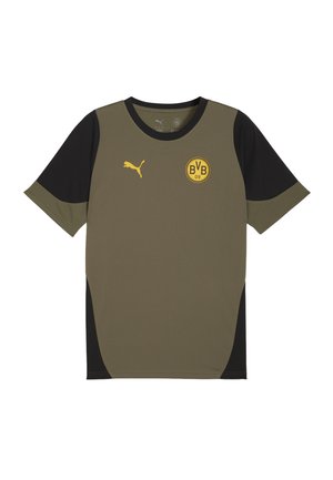 Grøn og sort kortærmet sportstrøje lavet af syntetisk materiale, med rund halsudskæring og gult teamlogo foran.