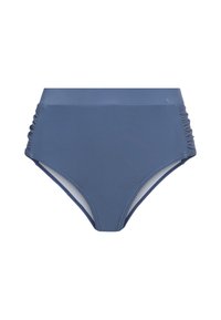 Bikino spodnji del z visokim pasom v barvi skale. Narejen iz gladkega materiala z stranskimi naborki in brezdimenzionalnim pasom za udobje.