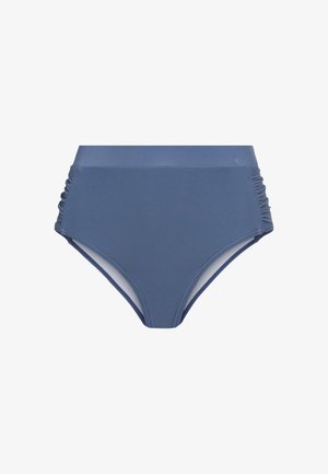 Bas de bikini taille haute en bleu ardoise. Fabriqué en tissu lisse avec des détails froncés sur les côtés et une ceinture sans couture pour le confort.