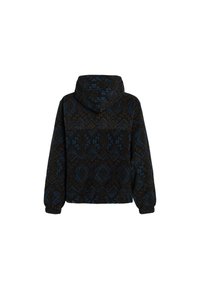Veste en polaire avec capuche, ornée d'un motif géométrique dans des tons de marron foncé et de bleu. Manches longues et poignets élastiques pour un ajustement confortable.