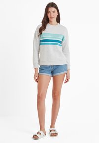 Gray sweatshirt with turquoise and blue horizontal stripes, paired with denim shorts. Model wearing white sandals stands against a white background.