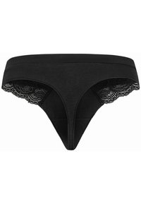 Zwarte tanga ondergoed met een soepele voorkant en een bloemenkant trim aan de achterkant. Zacht, rekbaar stof voor comfort.
