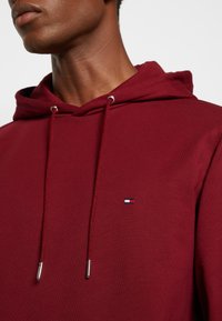 Burgundy hoodie with a drawstring hood, featuring a small embroidered logo in blue, red, and white. Smooth texture and regular fit.