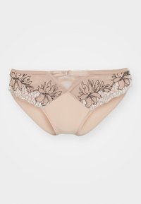 Beige panties with floral embroidery and lace trim. Soft material, mid-rise design, featuring a strappy back detail.
