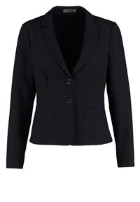 Blazer noir pour femme avec deux boutons, col à cran, manches longues et deux poches avant, coupe ajustée.