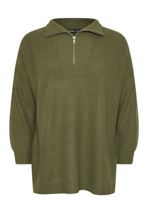 Olivgrüner, gestrickter Pullover mit hohem Kragen, halber Reißverschluss und lockerer Passform. Verfügt über gerippte Bündchen und ein strukturiertes Stoffmuster.