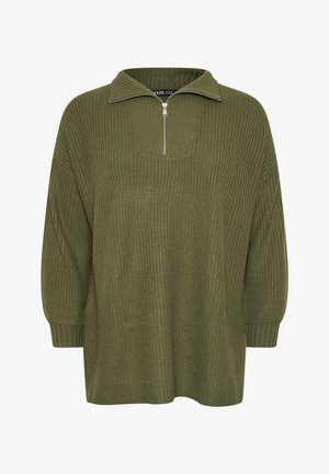 Maglione lavorato a maglia verde oliva con colletto alto, mezza cerniera e vestibilità ampia. Presenta polsini a costine e un motivo di tessuto texturizzato.
