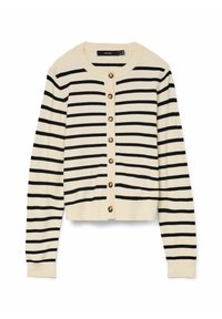 Gilet crème à rayures noires, avec un col rond, des manches longues et des boutons à l'avant. Texture tricot douce.