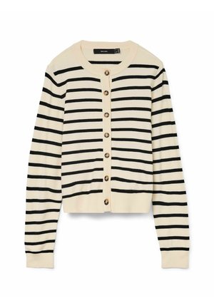 Gilet crème à rayures noires, avec un col rond, des manches longues et des boutons à l'avant. Texture tricot douce.