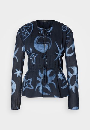 Marineblaue Bluse mit langen Ärmeln, gerafftem Taillenbereich und abstrakten hellblauen Mustern. Ausgestattet mit einem runden Ausschnitt und Kordelzügen.