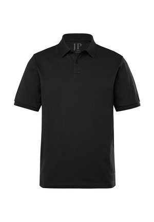 Sort polo shirt lavet af glat bomuldsstof, med en tre-knaps placket, korte ærmer og en klassisk krave. Enkel design.