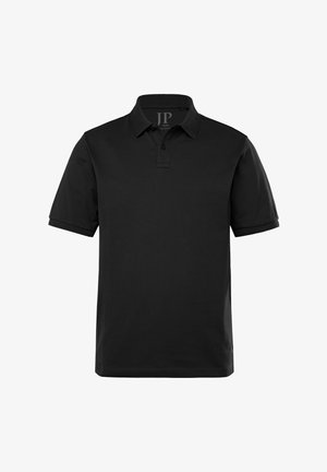 Sort polo shirt lavet af glat bomuldsstof, med en tre-knaps placket, korte ærmer og en klassisk krave. Enkel design.