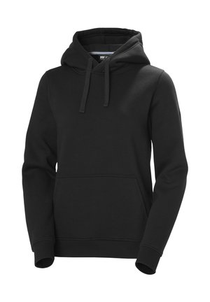 Černá mikina s kapucí z měkké tkaniny s přední kapsou, šňůrkami u krku a žebrovanými manžetami pro pevné přilnutí.