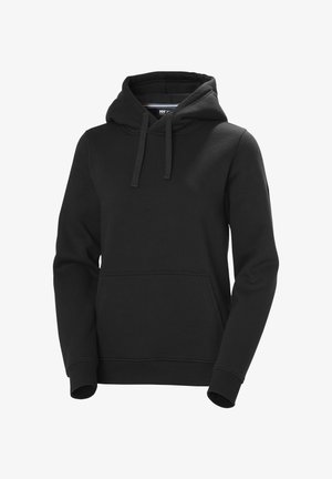 Zwarte hoodie gemaakt van zacht stof met een voorzak, trekkoorden bij de hals en geribbelde manchetten voor een veilige pasvorm.
