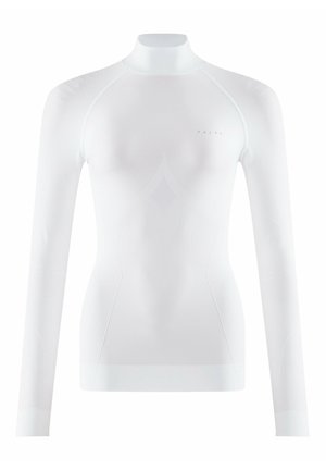 Witte sporttop met lange mouwen en hoge hals, met een nauwsluitend ontwerp en textuurpatronen op de schouders en zijkanten. Subtiele logo-details.