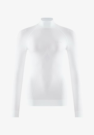 Weißes Sportoberteil mit langen Ärmeln und hohem Kragen, das eine figurbetonte Passform sowie strukturierte Muster an Schultern und Seiten aufweist. Dezente Logo-Details.