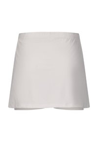 Hvid nederdel med letvægts, strækbart materiale, elastisk talje og lige kant. Glat tekstur uden synlige mønstre.