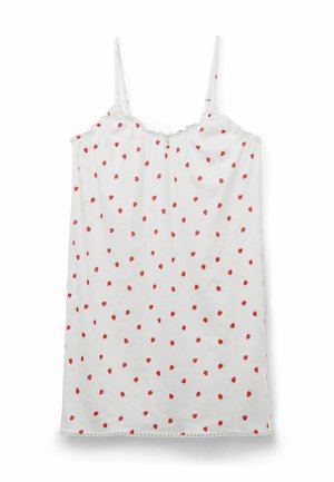 Weißes ärmelloses Slipkleid mit dünnen Trägern und einem verstreuten kleinen roten Erdbeermuster.