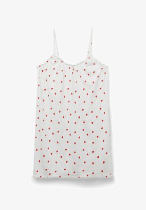 Bílé šaty bez rukávů s tenkými ramínky a rozptýleným vzorem malých červených jahod.