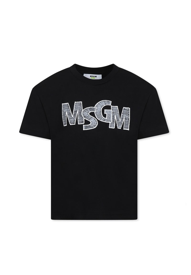 T-shirt in cotone nero con un grande logo MSGM bianco testurizzato sulla parte anteriore. Collo rotondo classico e maniche corte, vestibilità rilassata.