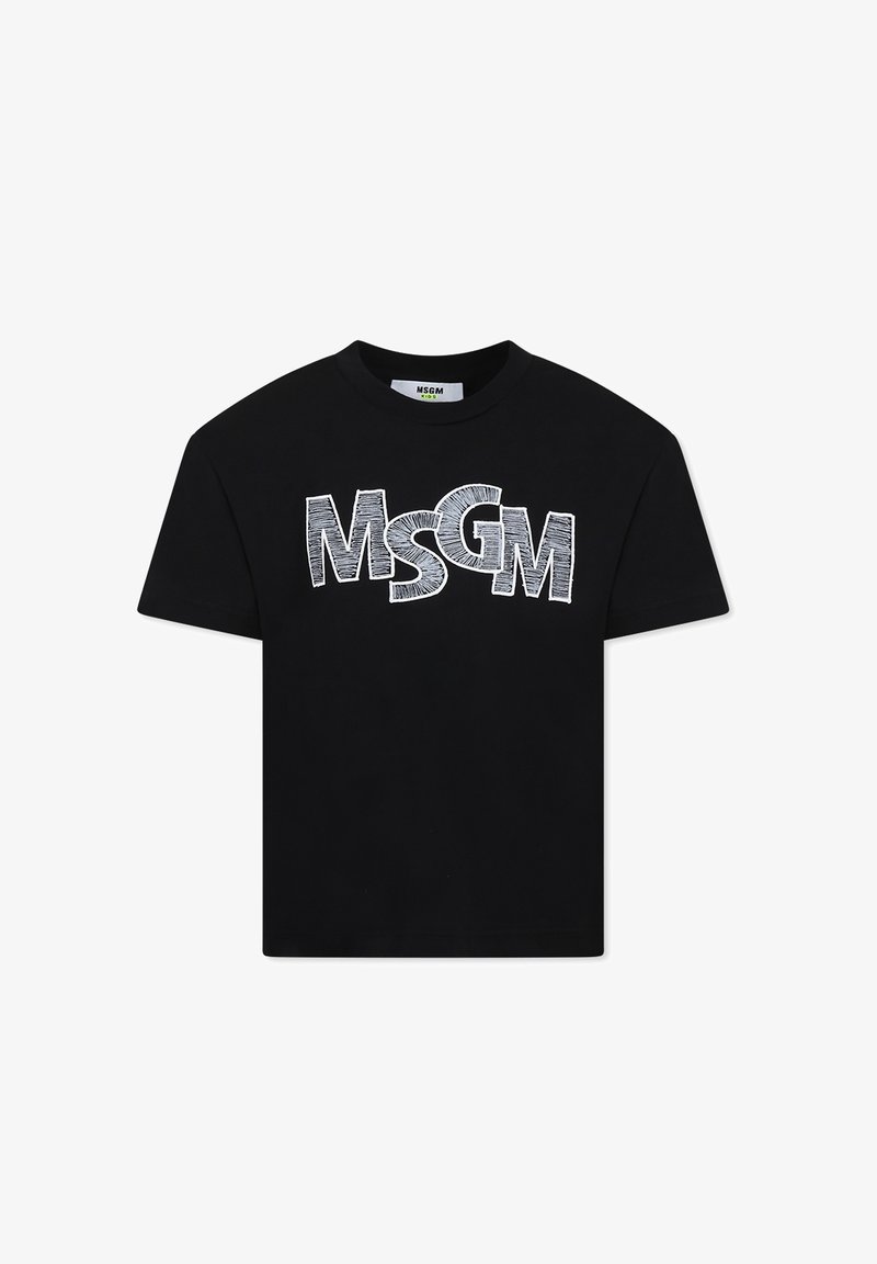 T-shirt in cotone nero con un grande logo MSGM bianco testurizzato sulla parte anteriore. Collo rotondo classico e maniche corte, vestibilità rilassata.