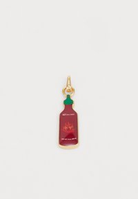 Porte-clés en forme de bouteille de sauce chili rouge avec un couvercle vert, des accents dorés et des détails graphiques y compris des flammes et du texte, ressemblant à un contenant de condiments.