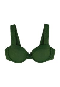 Sujetador texturizado de color verde oscuro con copas acolchadas y tirantes anchos, diseñado para ofrecer soporte y comodidad.