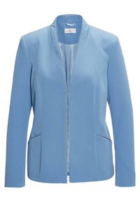 Lichtblauwe blazer van gladde stof met een strak ontwerp. Voorzien van een gecalibreerde kraag, zilveren rits en twee voorzakken.